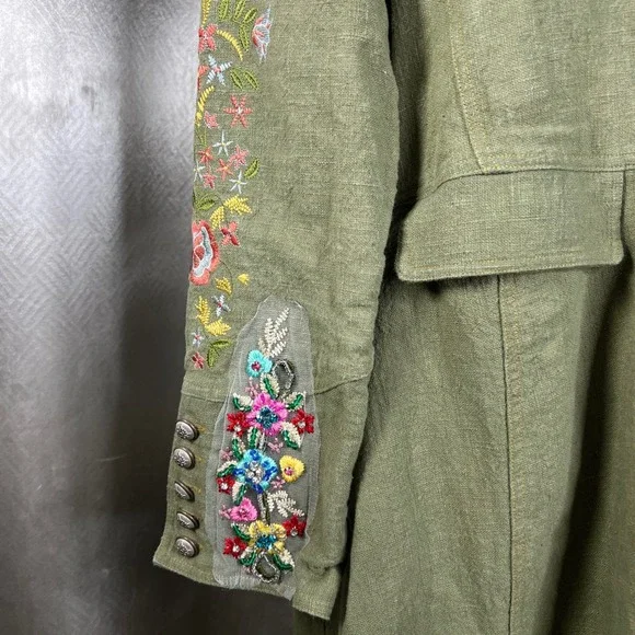 Aratta Silent Journey Olive Green Embroidered Ramie Duster Coat XL ED22J642 - Picture 7 of 13